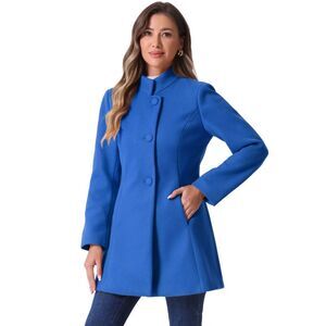 Winter Overcoat Mid-thigh Stand Collar Single Breasted Long Coat Sea Blue
